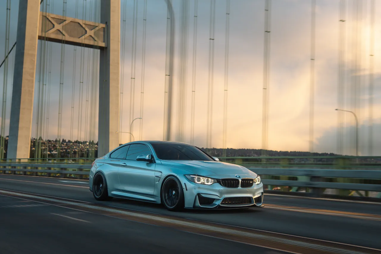 BMW M4 photographed at Tacoma Narrows Bridge, Washington, 2026-03-10.