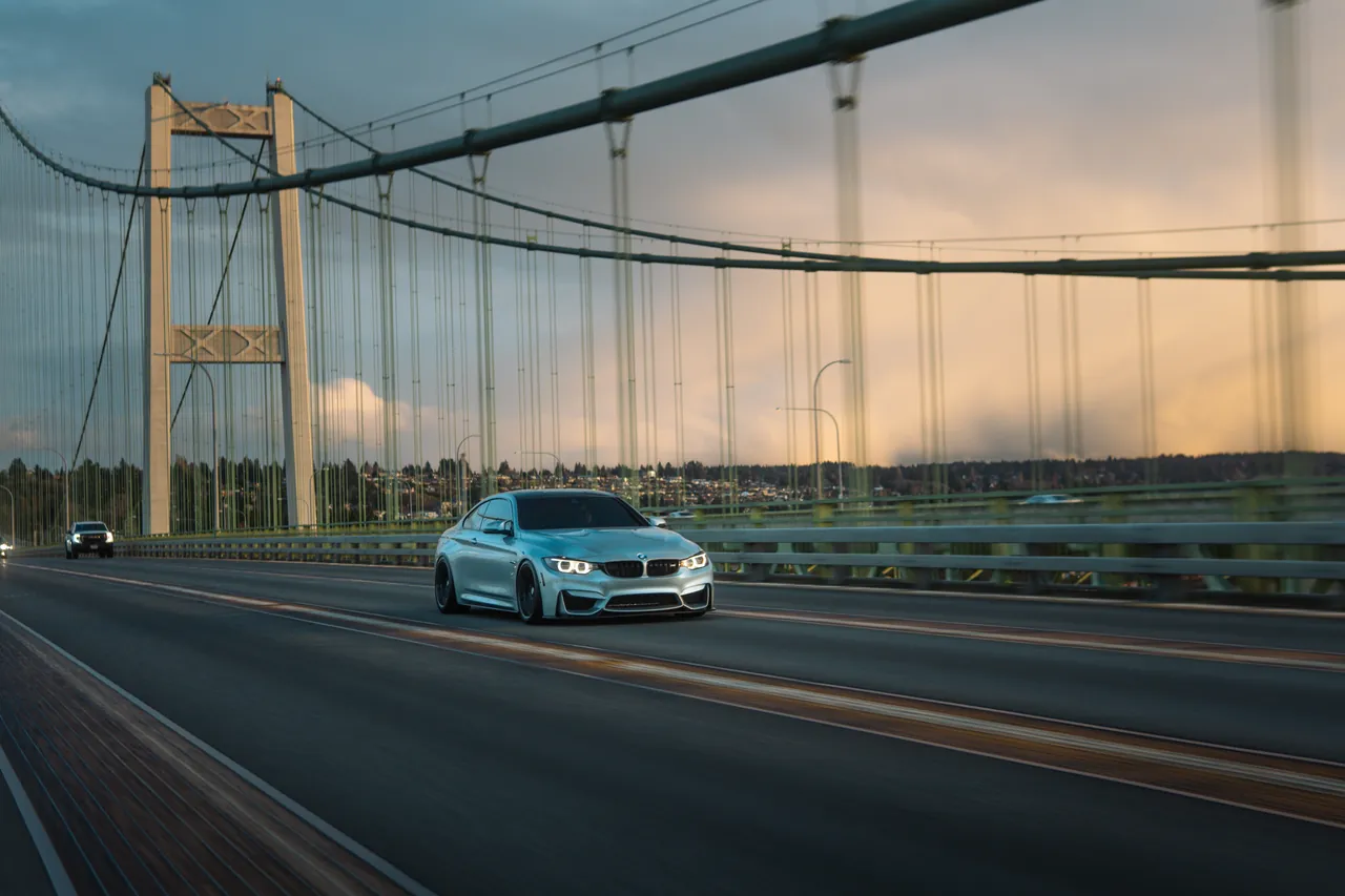 BMW M4 photographed at Tacoma Narrows Bridge, Washington, 2026-03-10.