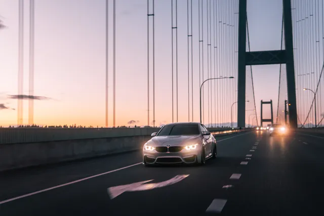 BMW M4 photographed at Tacoma Narrows Bridge, Washington, 2026-03-10.